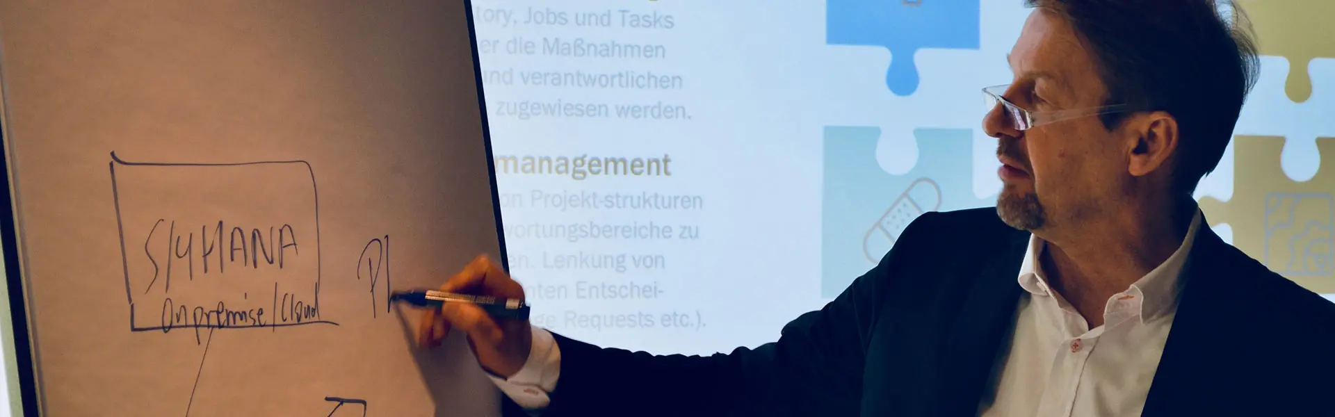 W+W-Berater erklärt eine SAP-S/4HANA-Architektur am Flipchart